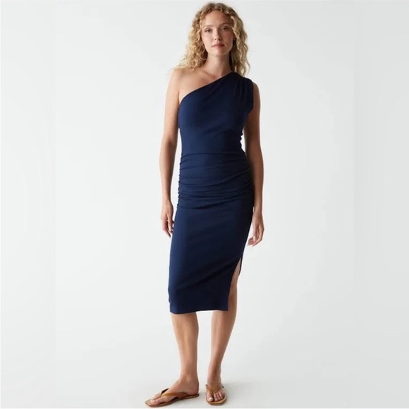 Anthropologie Michael Stars Andrea Ultra Rib Navy One-Shoulder Dress - Picture 2 of 7